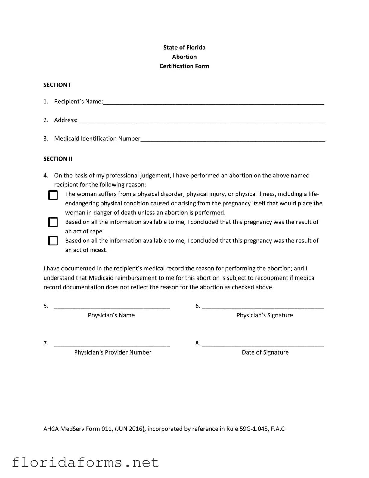 Official Abortion Paperwork Florida Template
