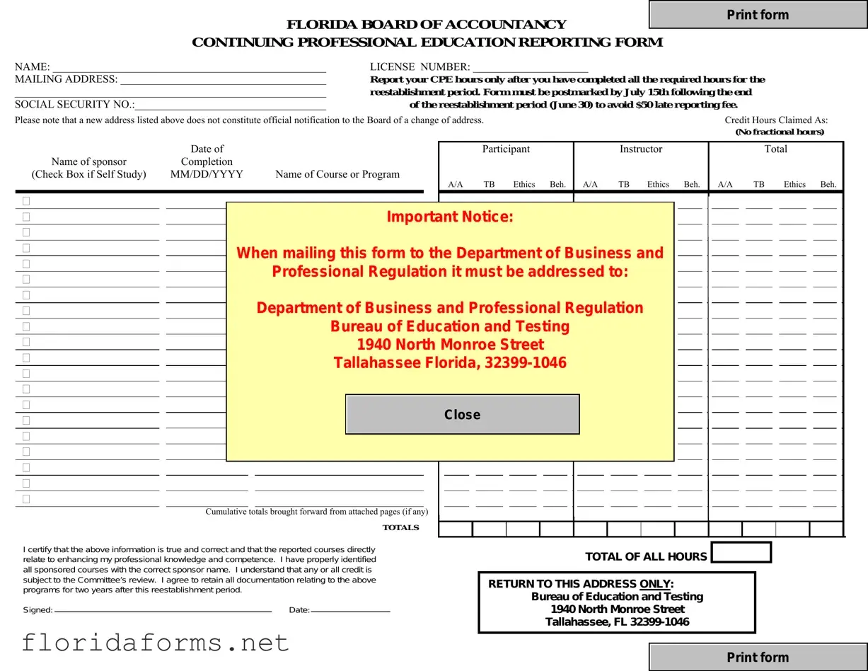 Official Cpe Reporting Florida Template