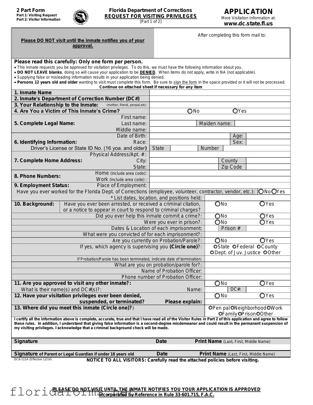 Official Department Of Corrections Visitation Florida Template