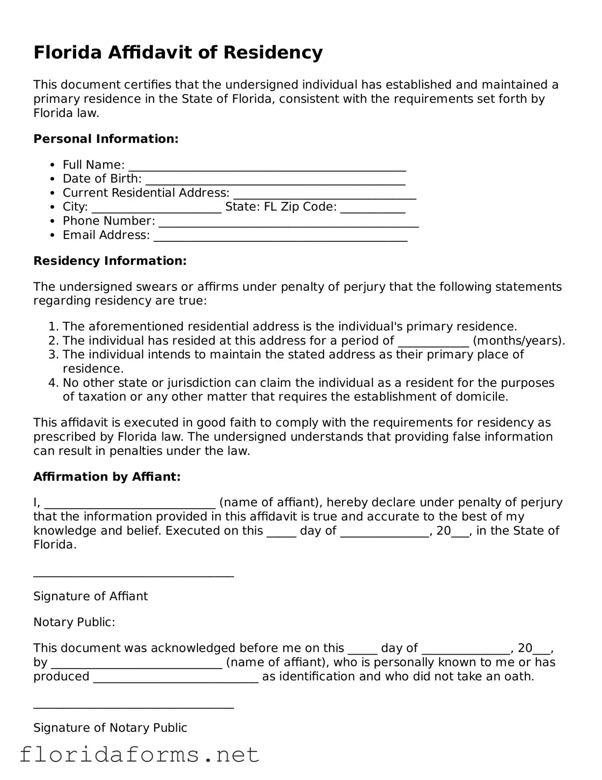 Attorney-Approved Affidavit of Residency Template for Florida State