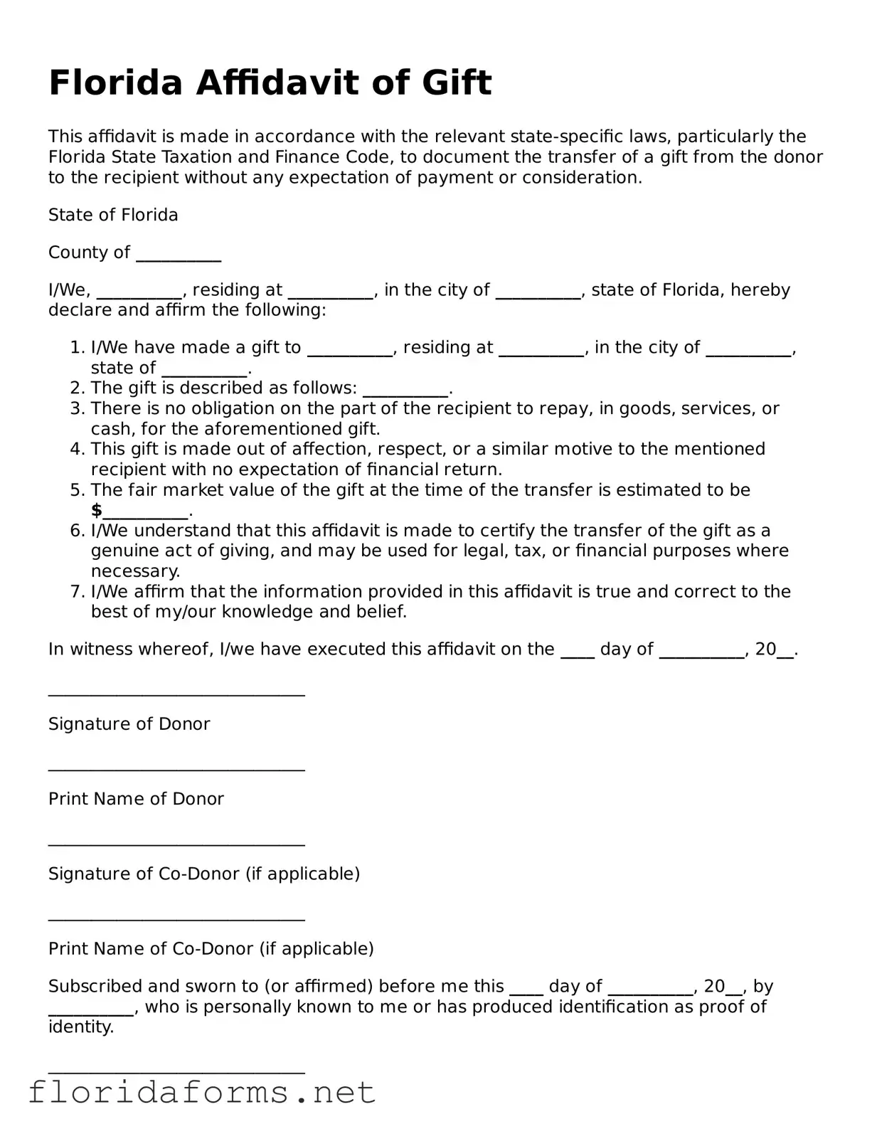 Attorney-Approved Affidavit of Gift Template for Florida State