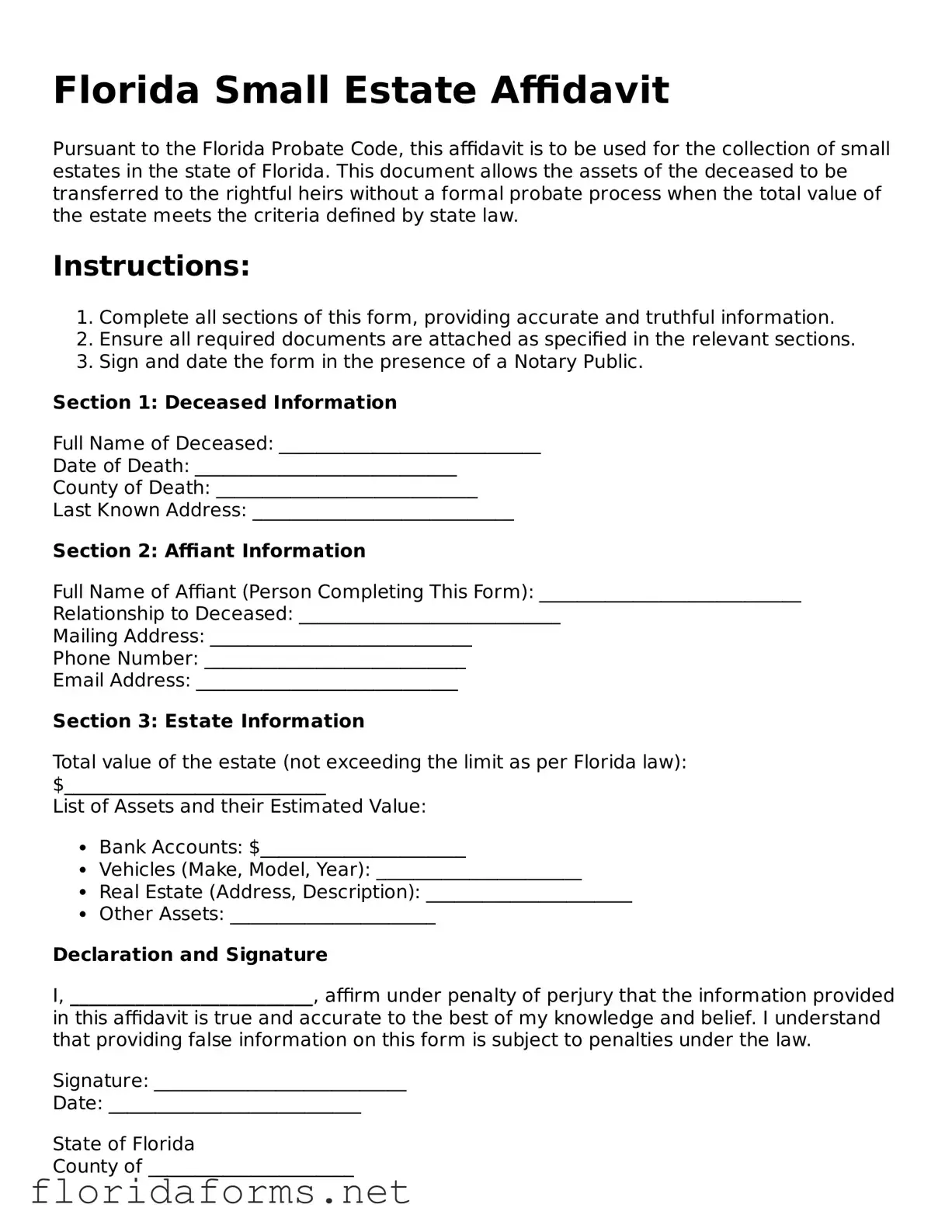 Attorney-Approved Small Estate Affidavit Template for Florida State