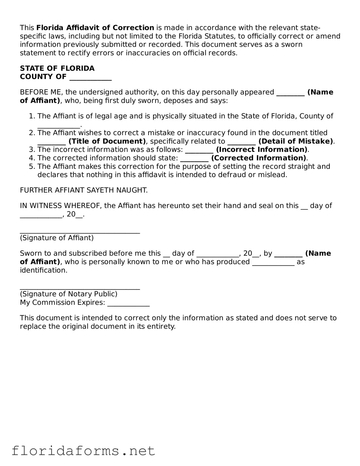 Attorney-Approved Affidavit of Correction Template for Florida State