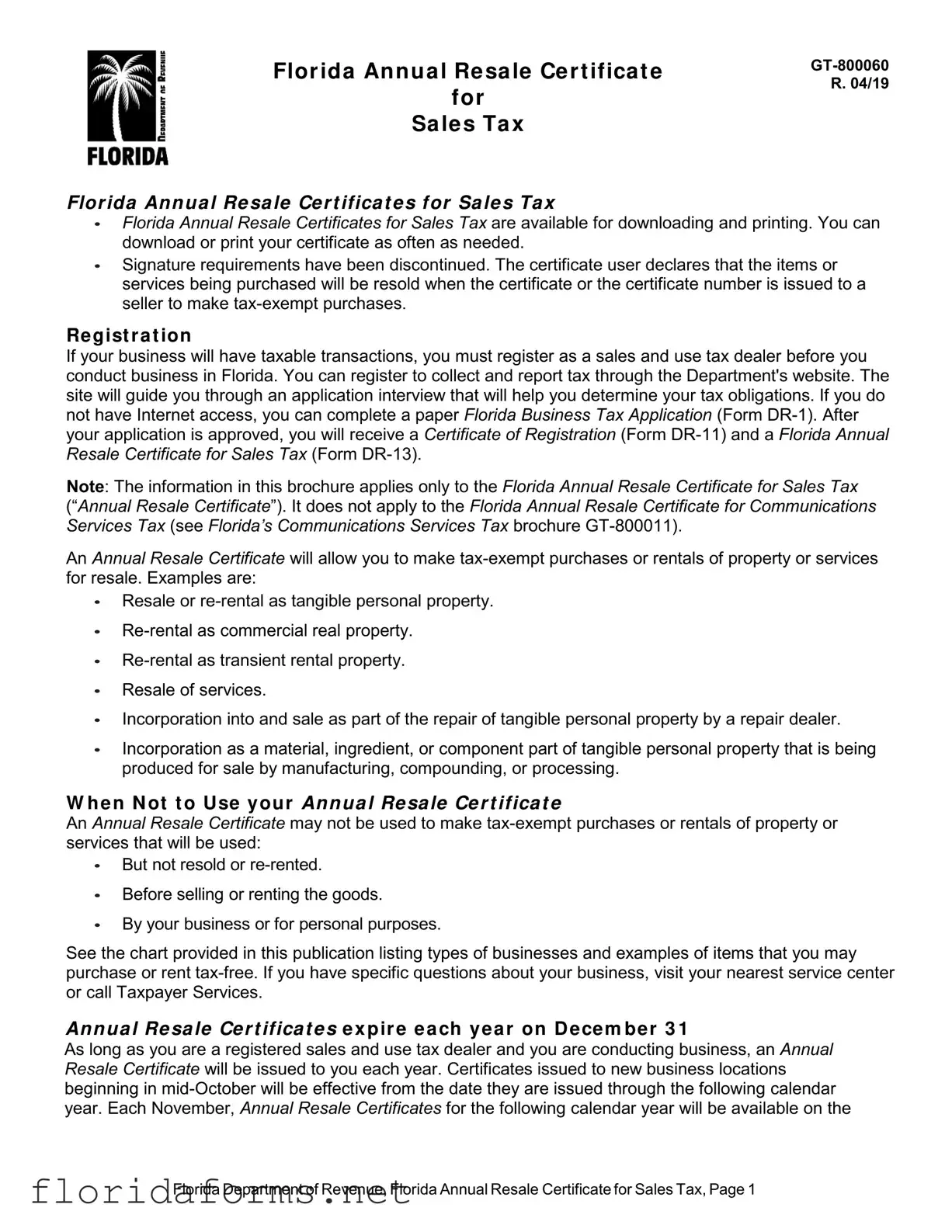Official Florida Annual Resale Certificate Template