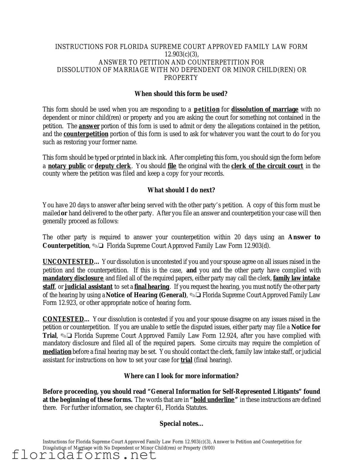 Official Florida Answer to Petition and Counterpetition for Dissolution of Marriage Template