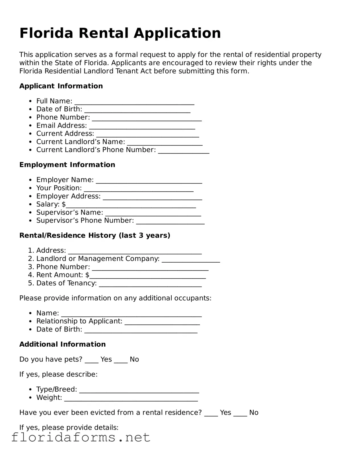 Attorney-Approved Rental Application Template for Florida State