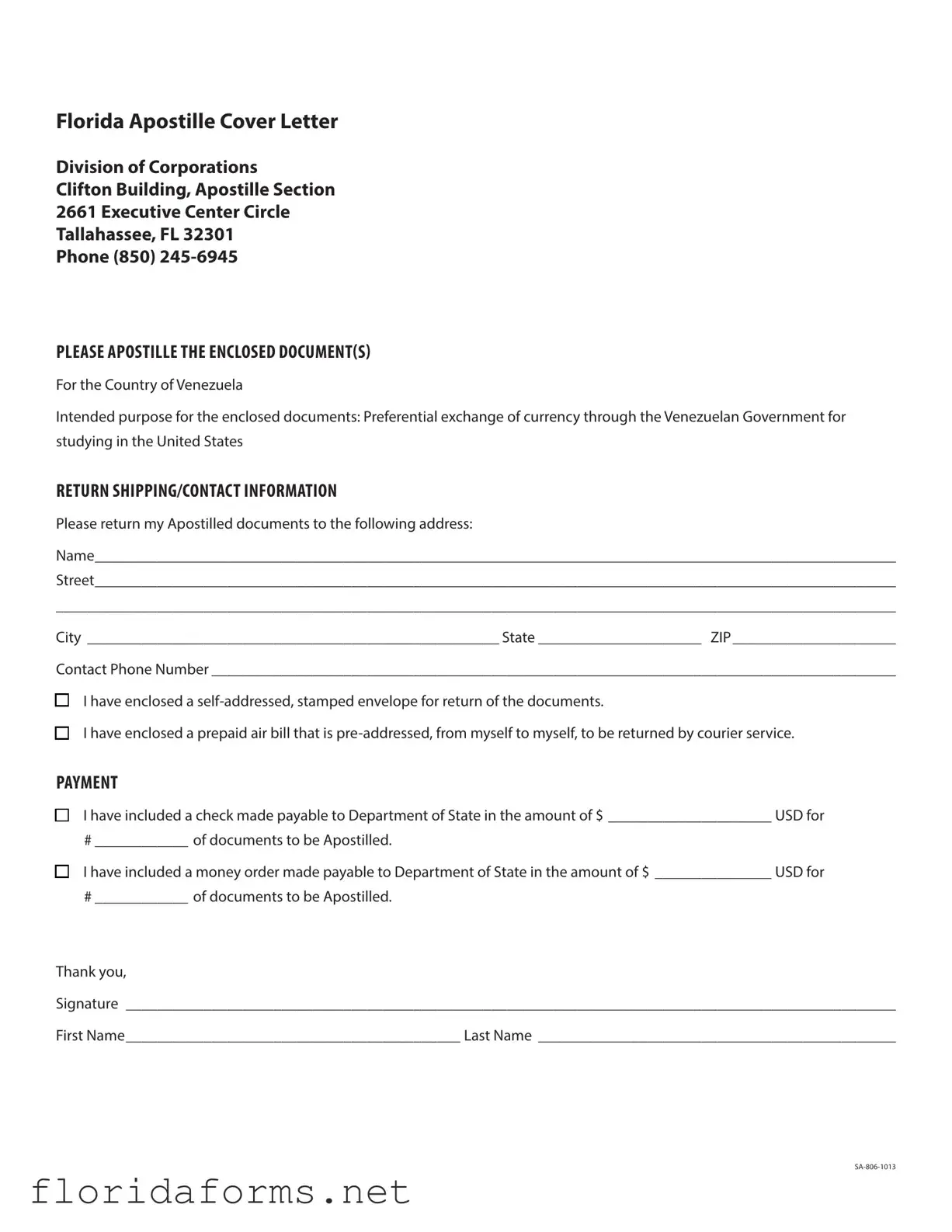 Official Florida Apostille Cover Letter Sample Template