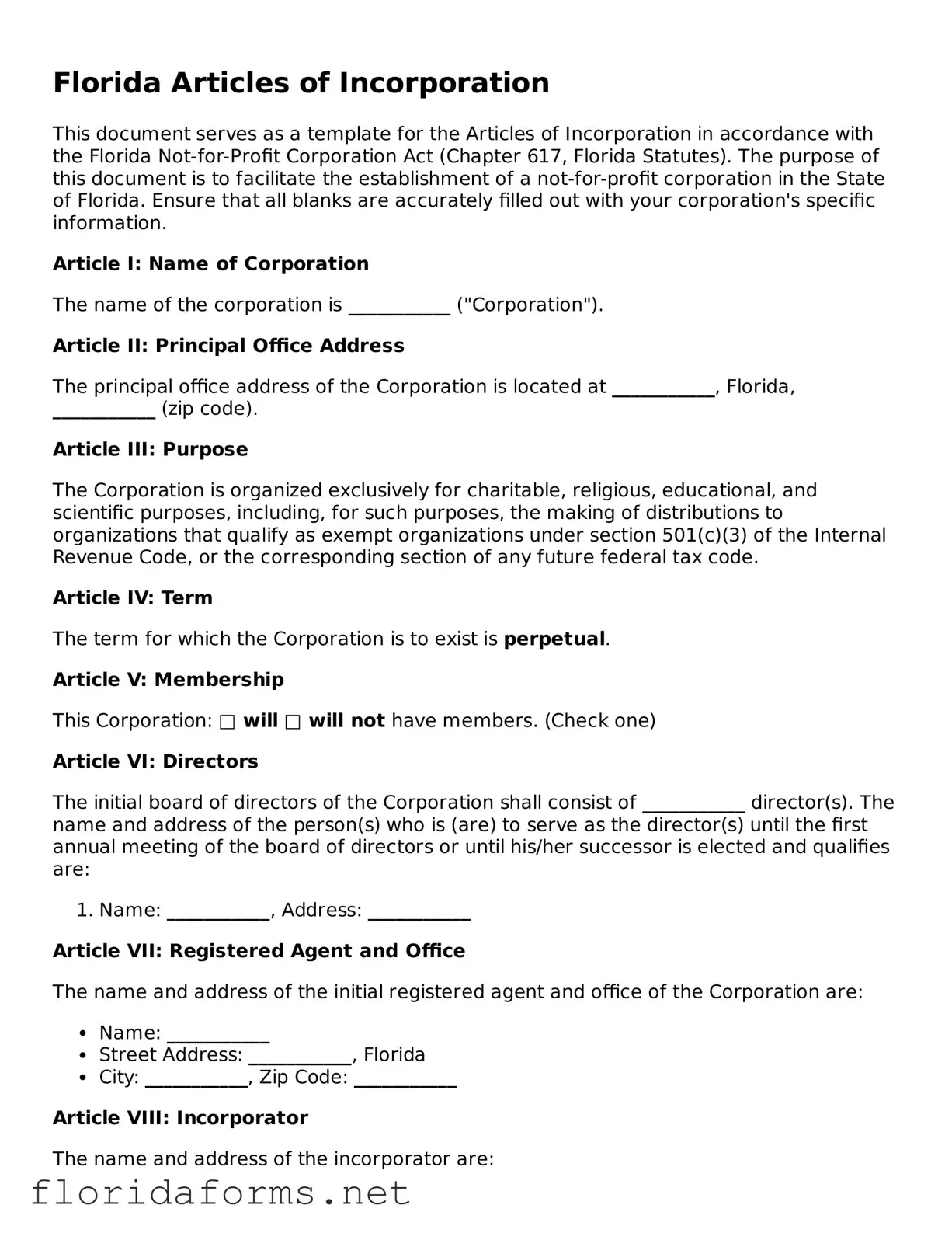 Attorney-Approved Articles of Incorporation Template for Florida State