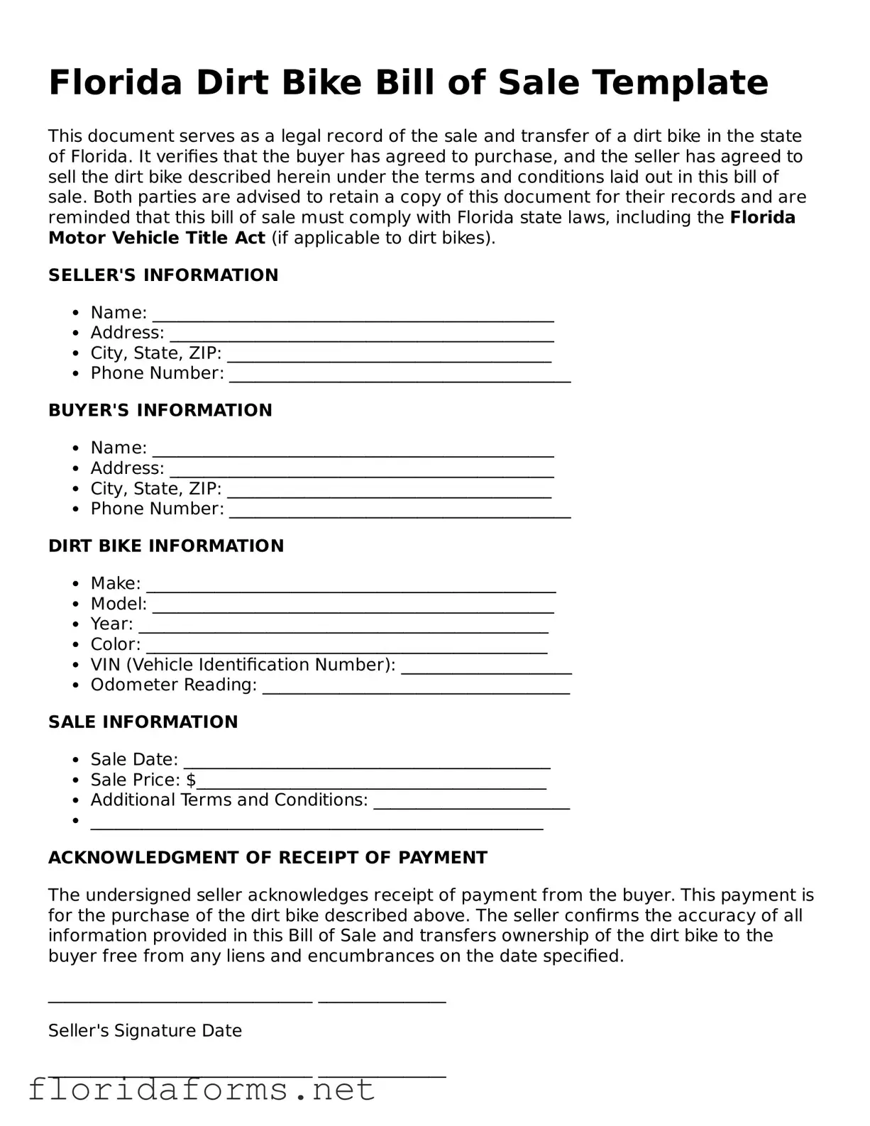 Attorney-Approved Dirt Bike Bill of Sale Template for Florida State