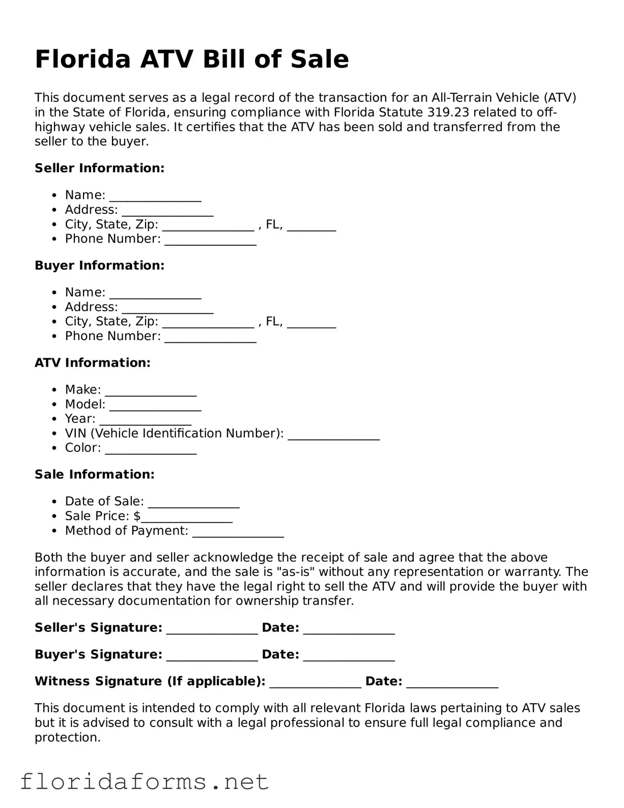 Attorney-Approved ATV Bill of Sale Template for Florida State