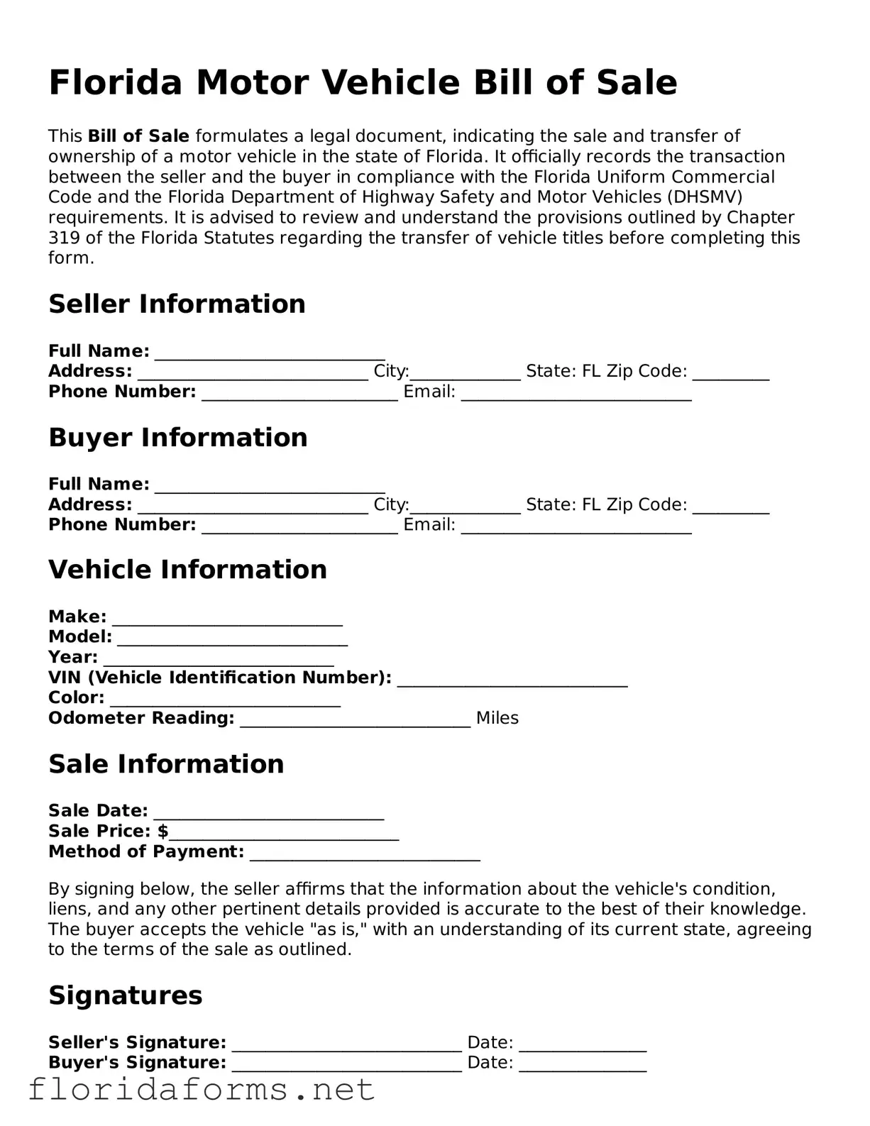 Attorney-Approved Motor Vehicle Bill of Sale Template for Florida State