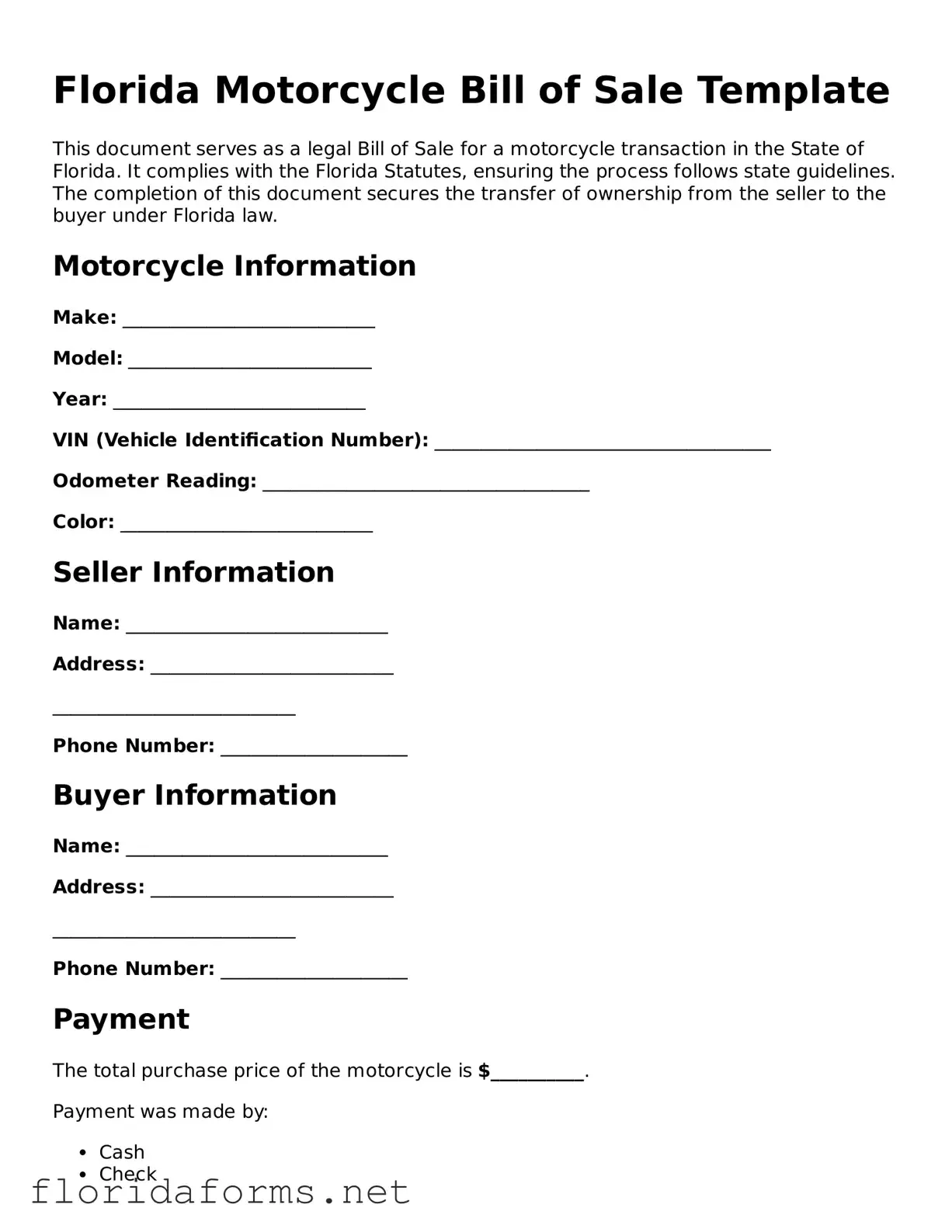 Attorney-Approved Motorcycle Bill of Sale Template for Florida State