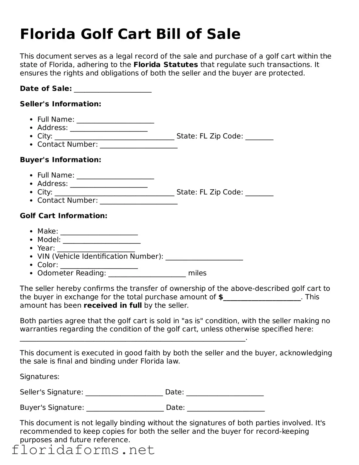 Attorney-Approved Golf Cart Bill of Sale Template for Florida State