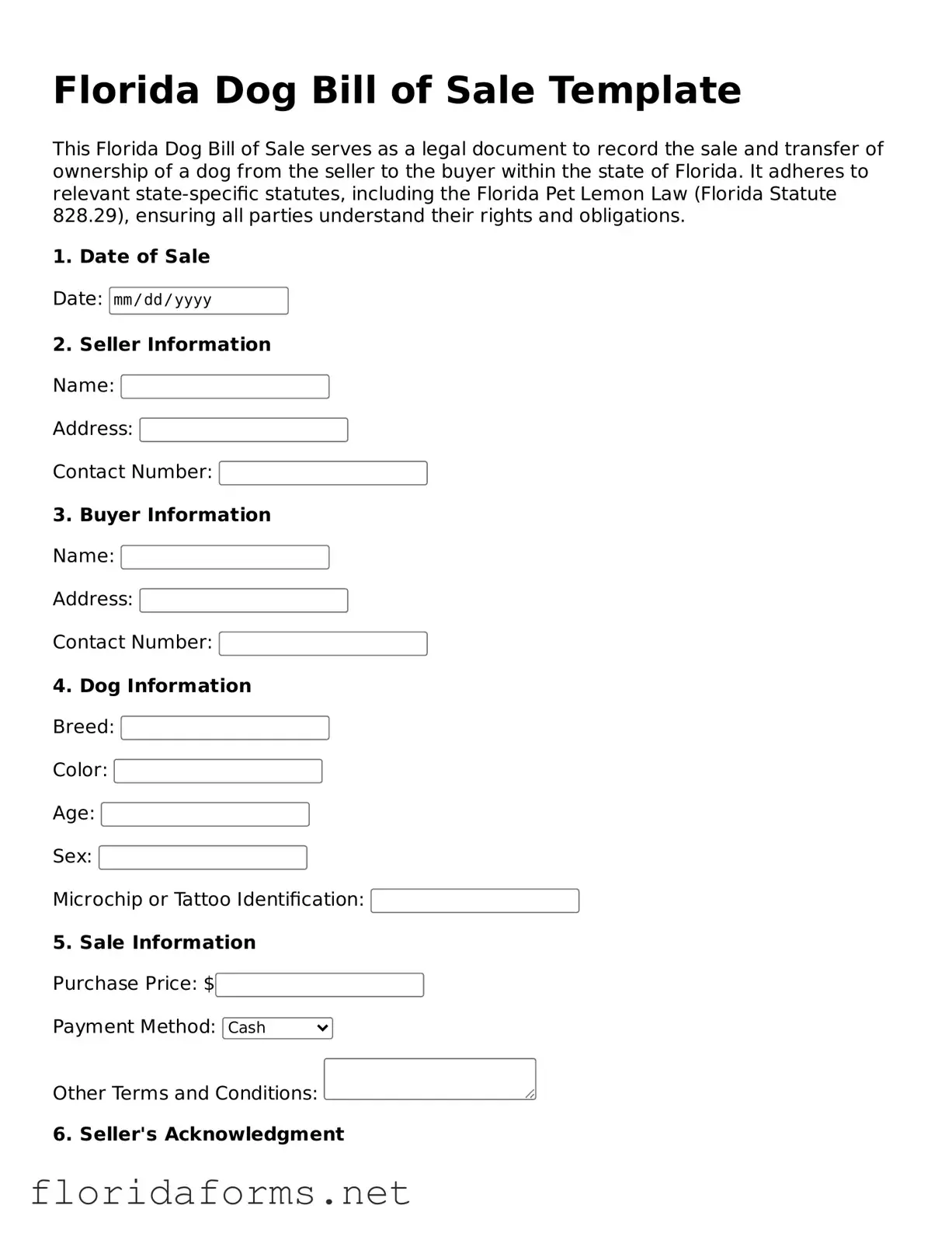 Attorney-Approved Dog Bill of Sale Template for Florida State