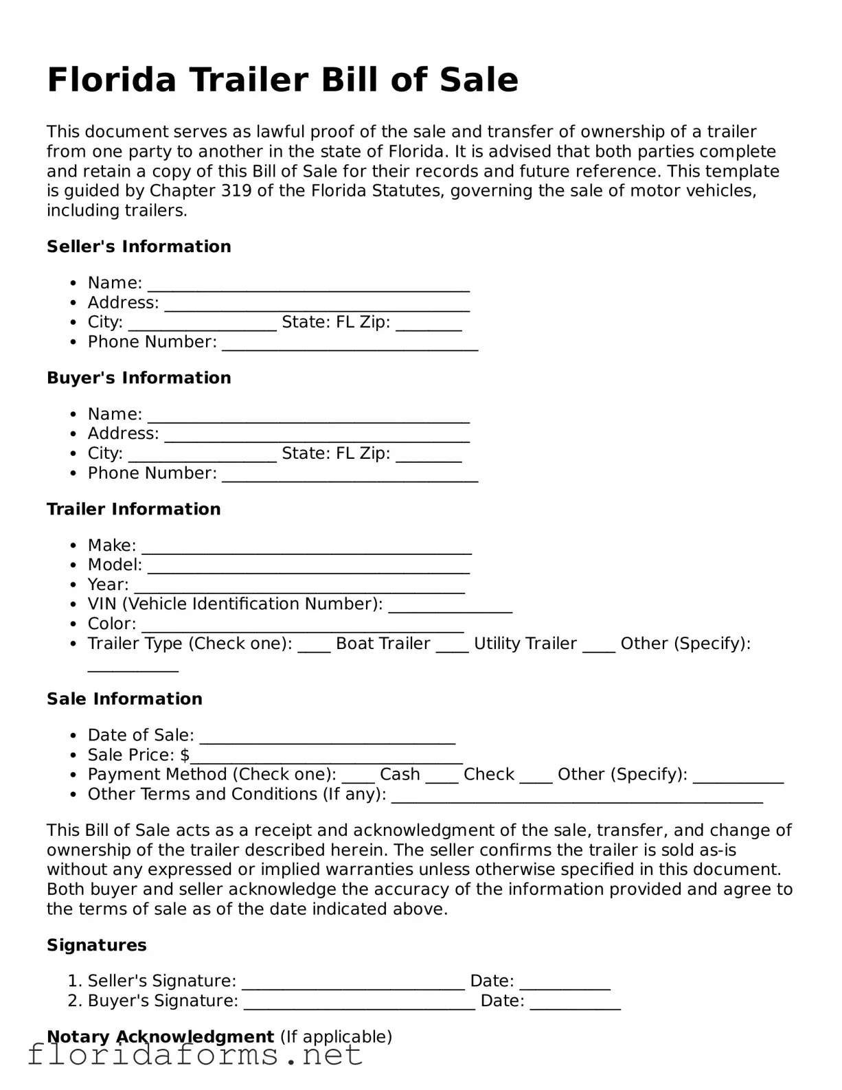 Attorney-Approved Trailer Bill of Sale Template for Florida State