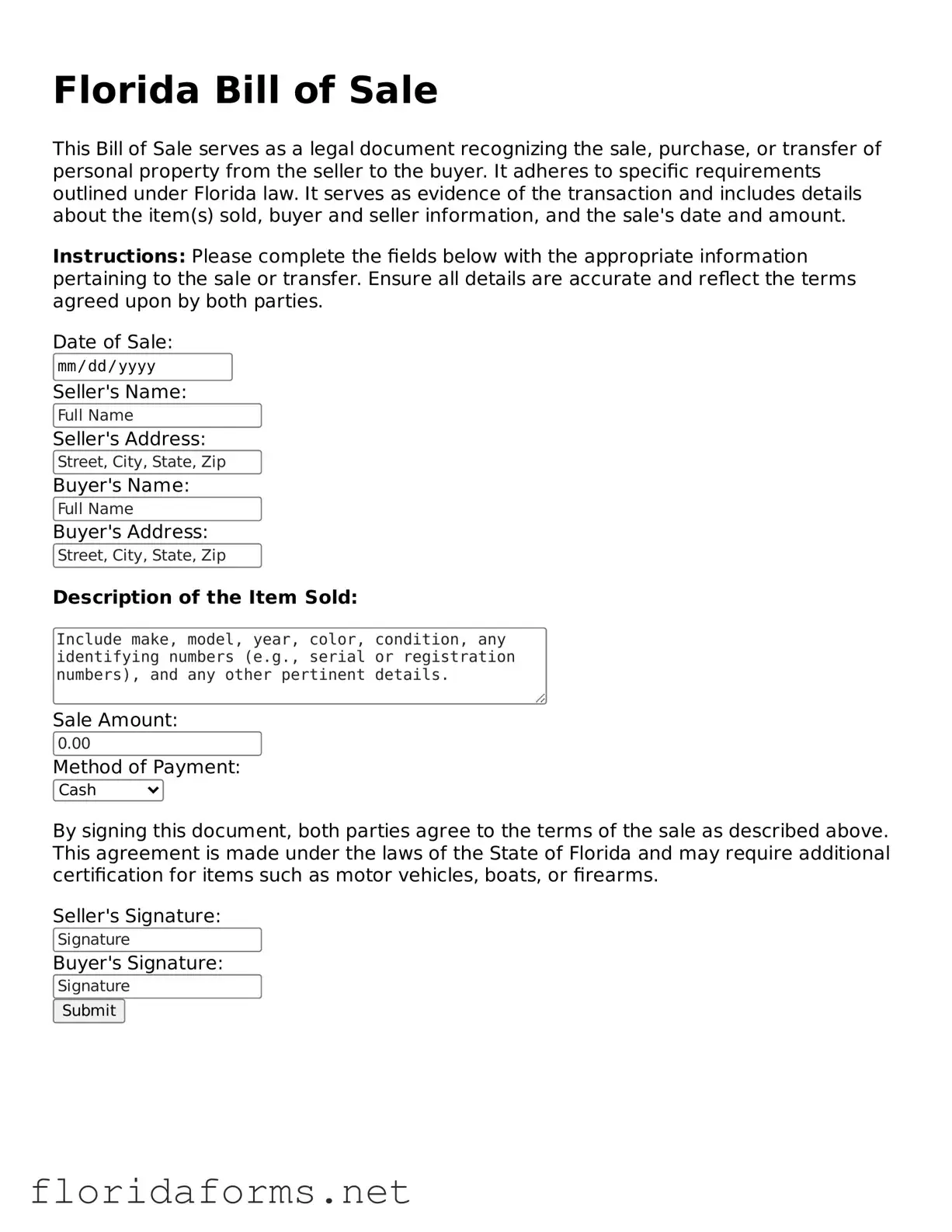 Attorney-Approved Bill of Sale Template for Florida State