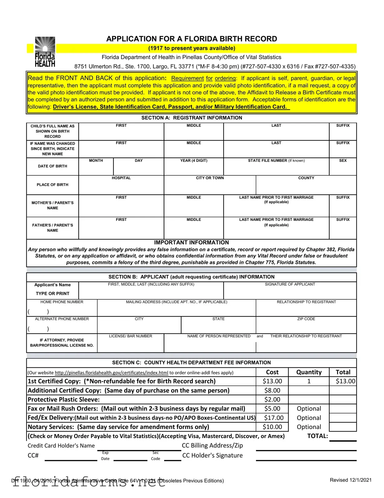 Official Florida Birth Certificate Template
