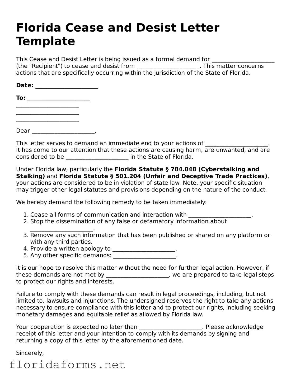 Attorney-Approved Cease and Desist Letter Template for Florida State