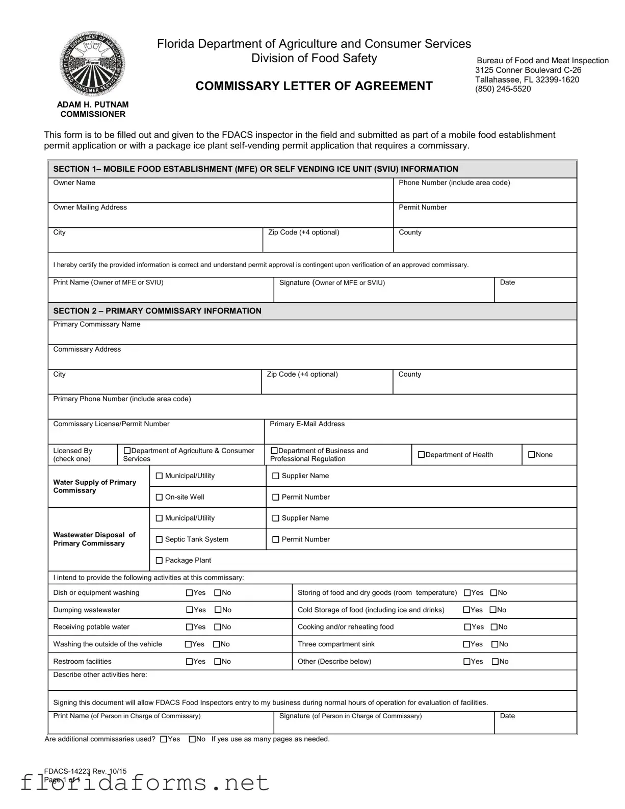 Official Florida Commissary Letter Of Agreement Template