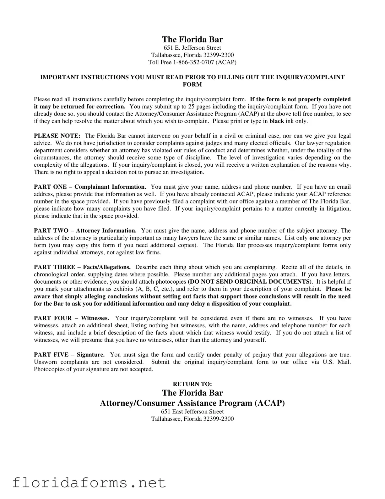Official Florida Complaint Template