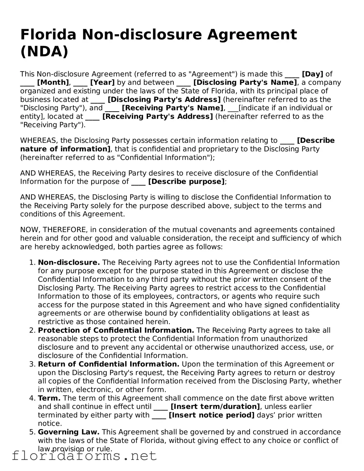 Attorney-Approved Non-disclosure Agreement Template for Florida State