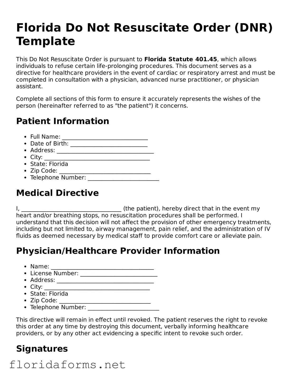 Attorney-Approved Do Not Resuscitate Order Template for Florida State
