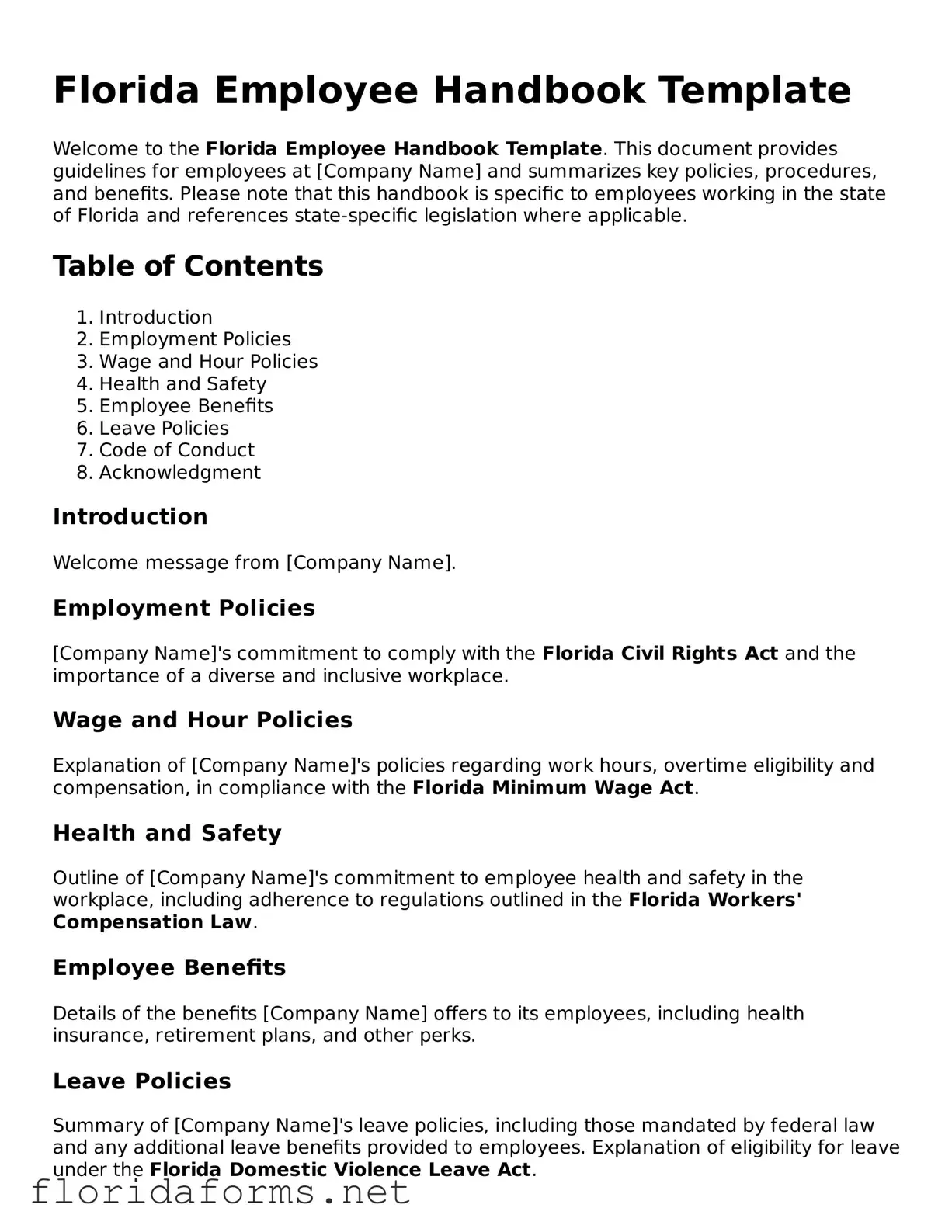Attorney-Approved Employee Handbook Template for Florida State