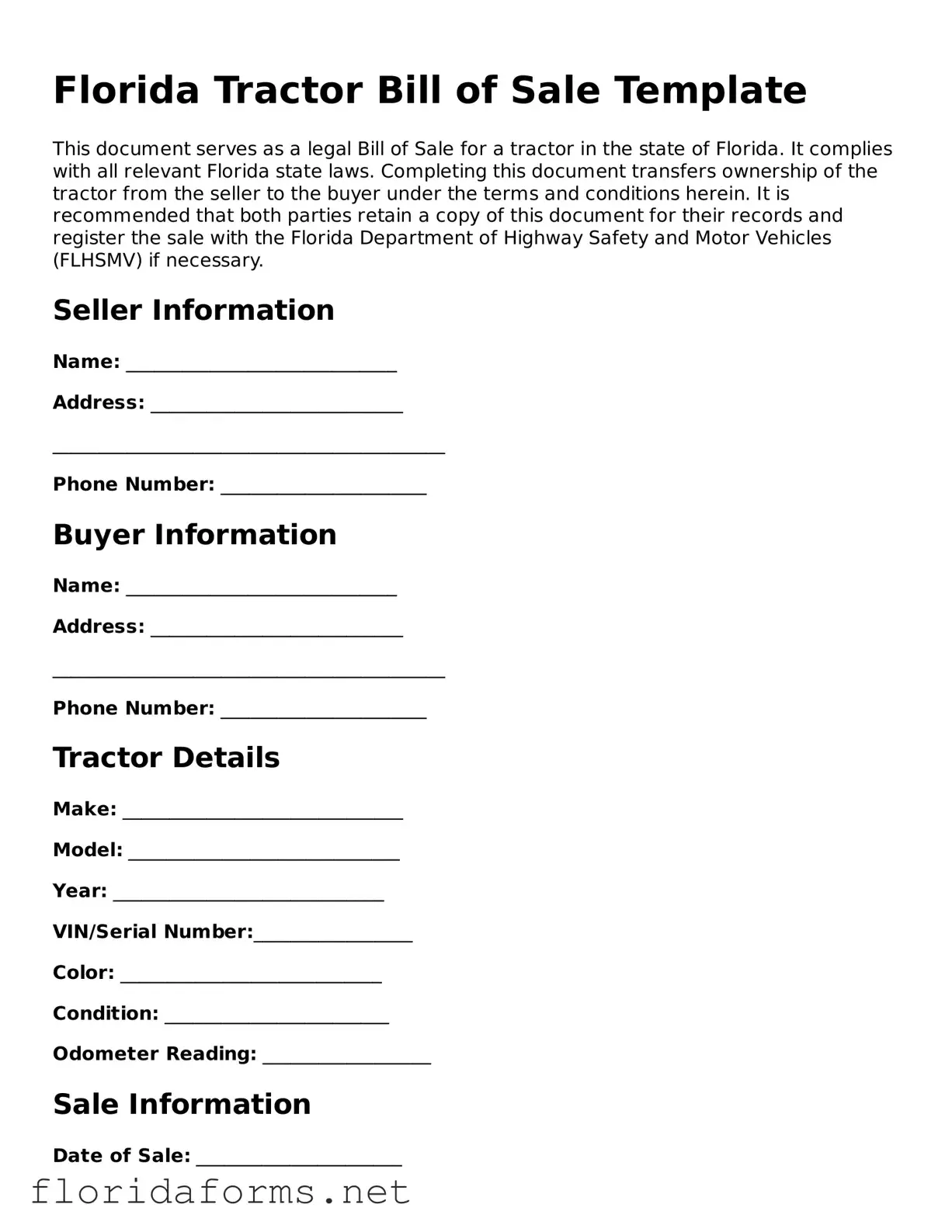 Attorney-Approved Tractor Bill of Sale Template for Florida State