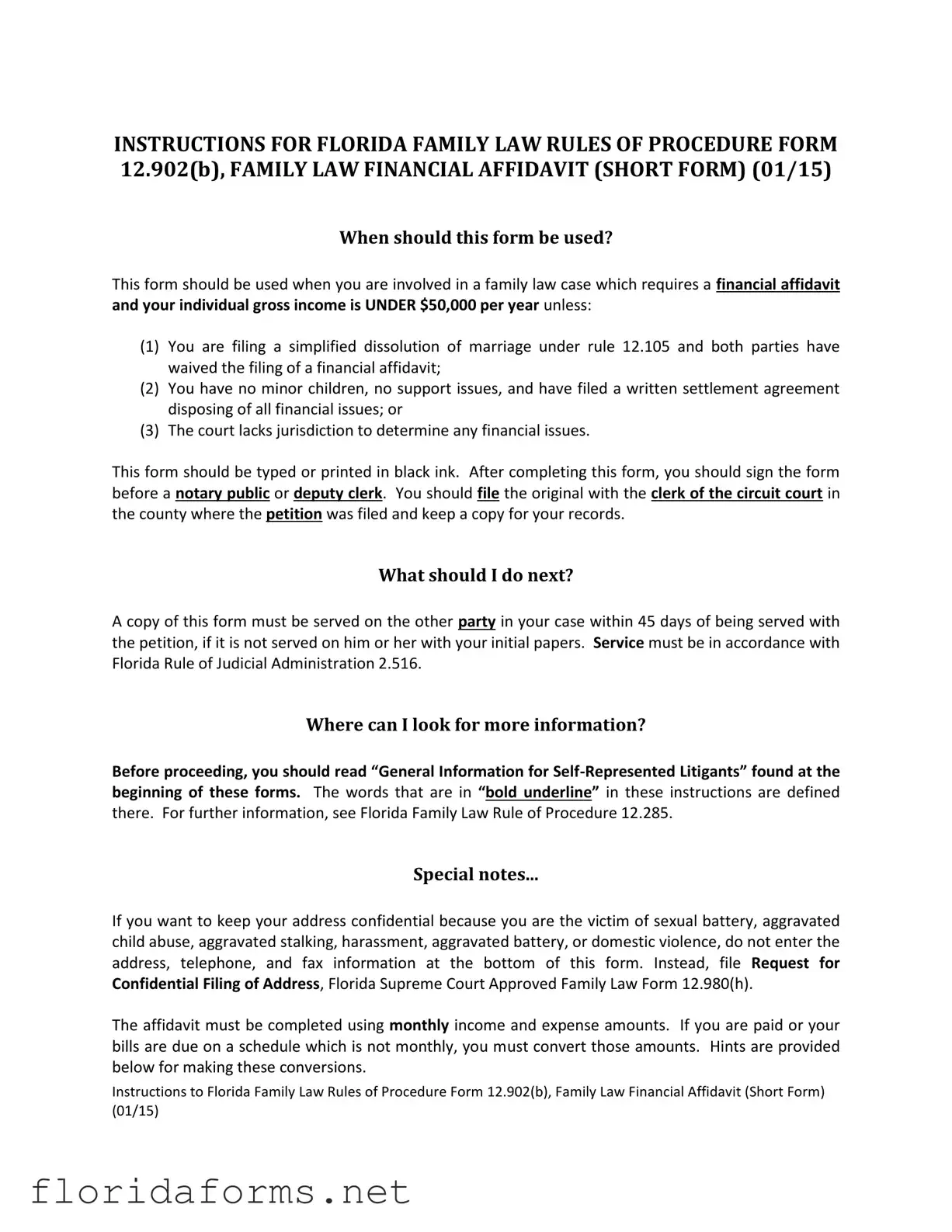 Official Florida Financial Affidavit Short 12.902(b) Template