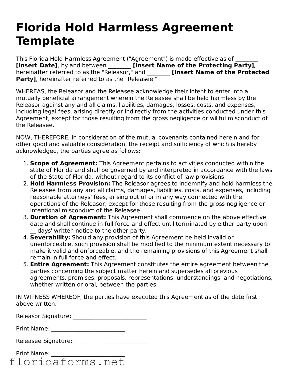 Attorney-Approved Hold Harmless Agreement Template for Florida State