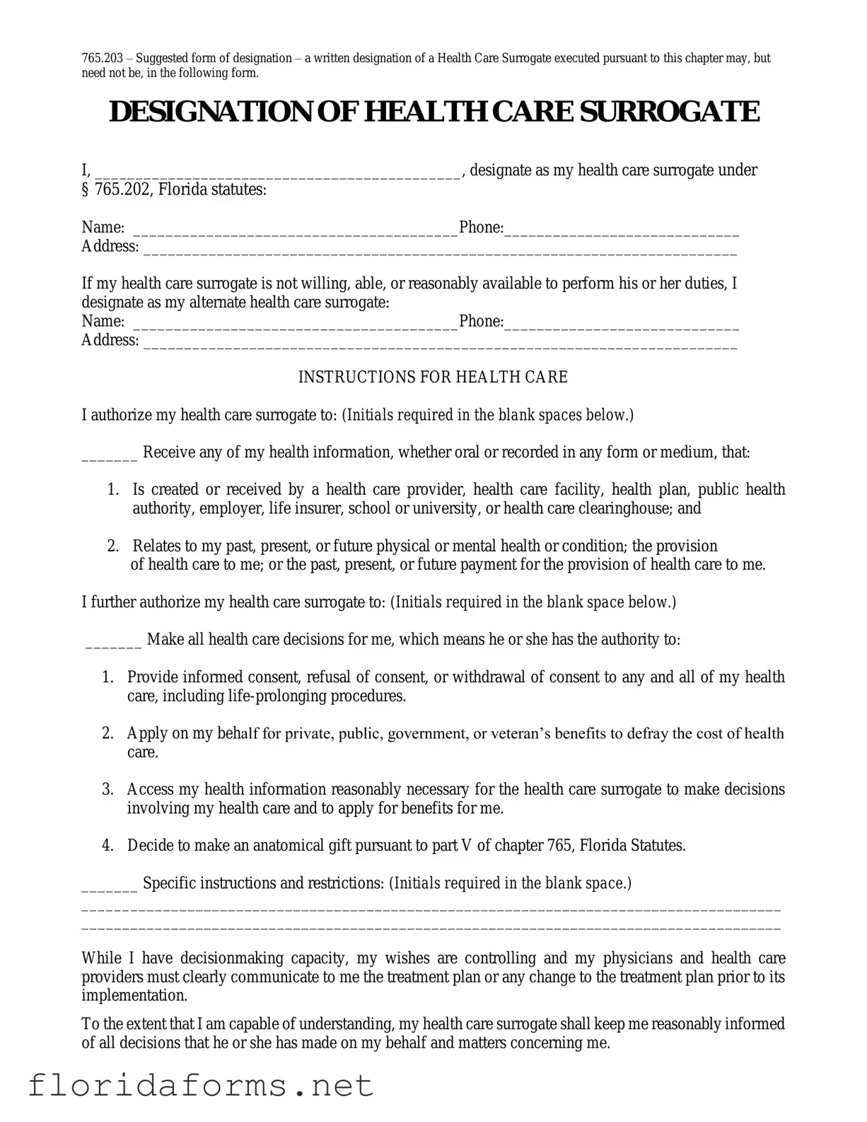Official Florida Health Care Surrogate Template