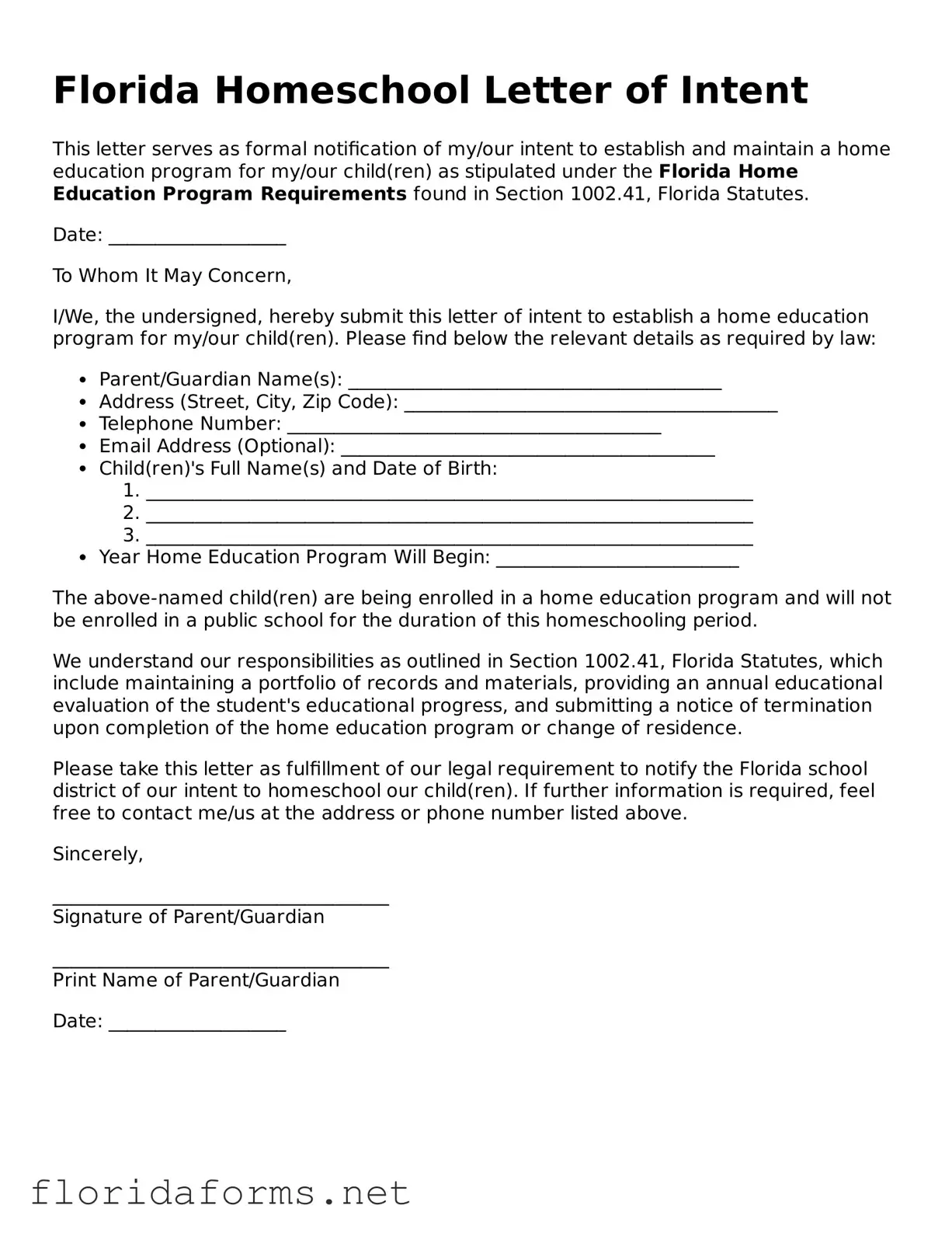 Attorney-Approved Homeschool Letter of Intent Template for Florida State