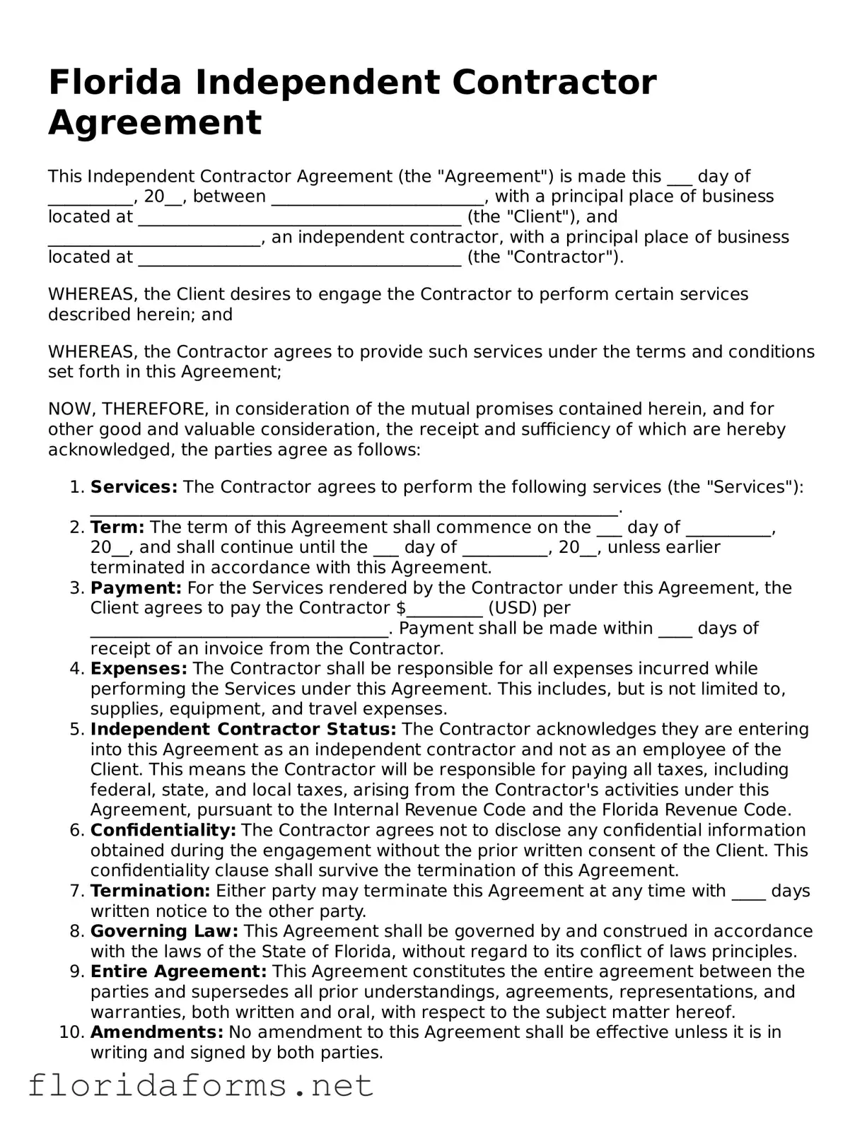 Attorney-Approved Independent Contractor Agreement Template for Florida State