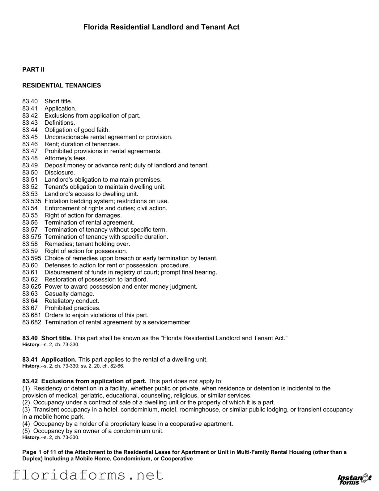 Official Florida Landlord Tenant Act Template