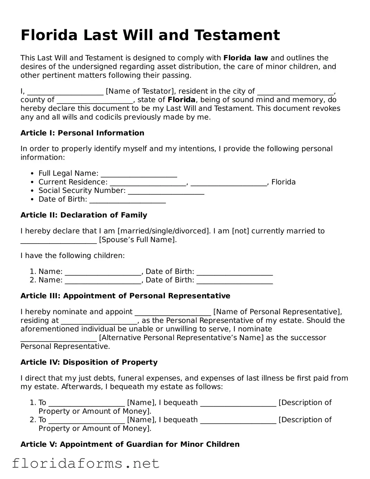 Attorney-Approved Last Will and Testament Template for Florida State
