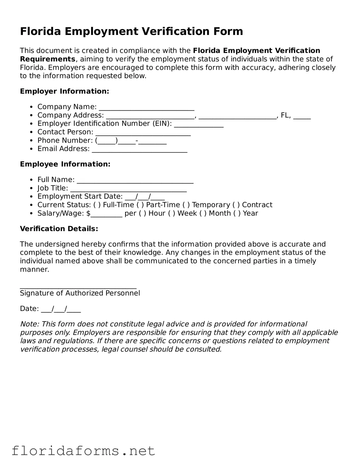 Attorney-Approved Employment Verification Template for Florida State