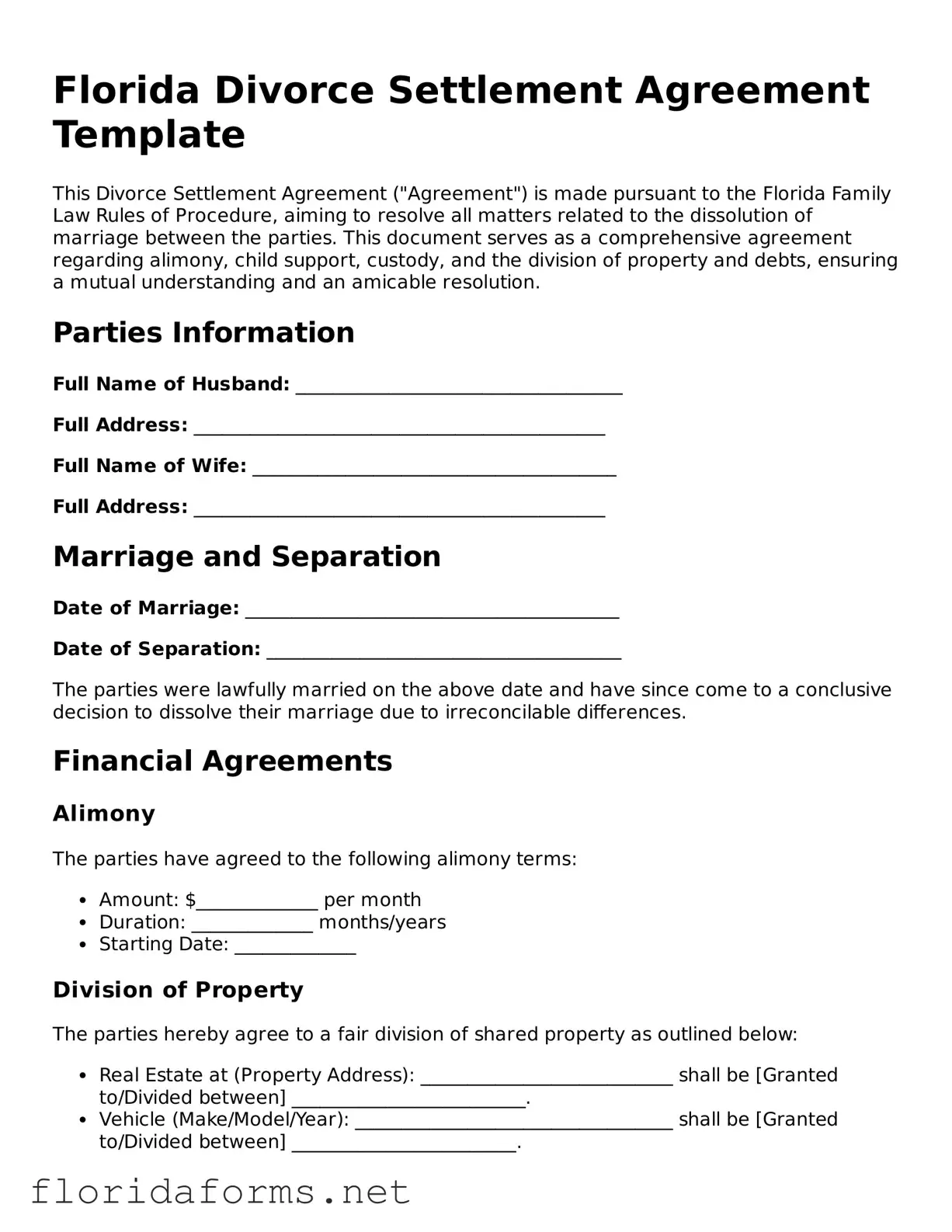 Attorney-Approved Divorce Settlement Agreement Template for Florida State