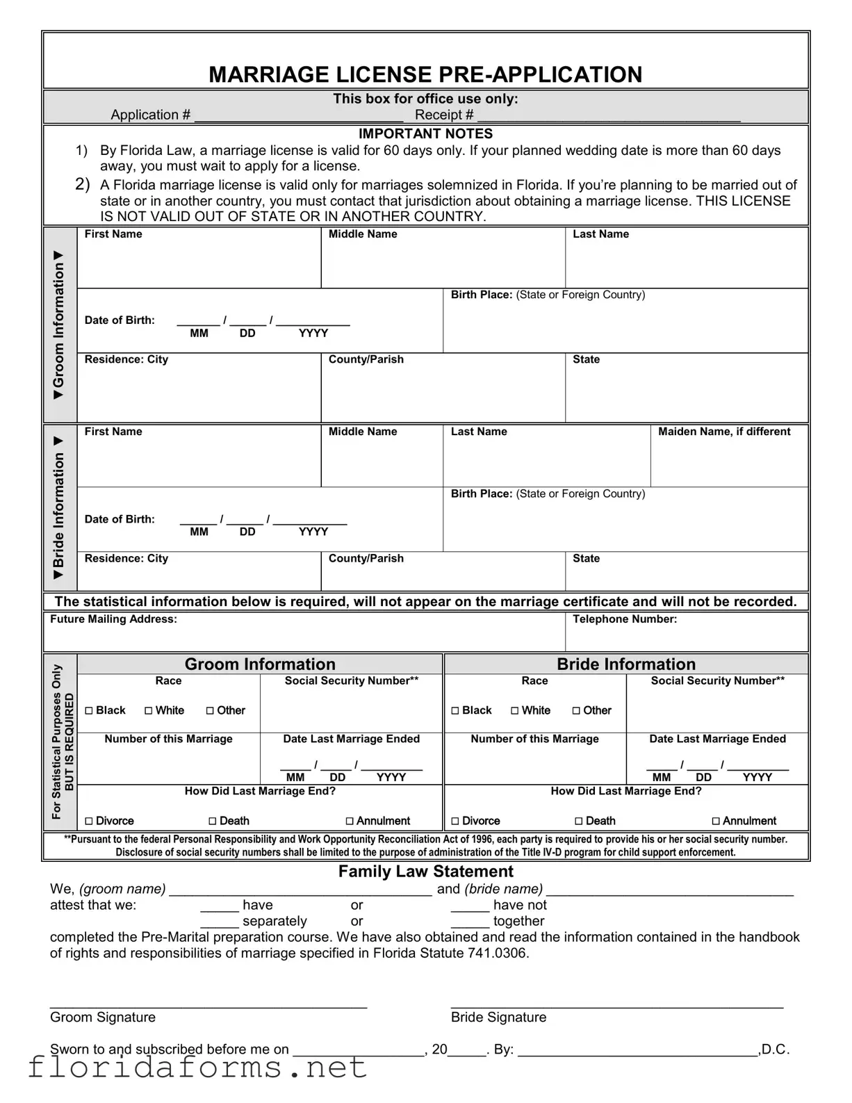 Official Florida Marriage Application Template