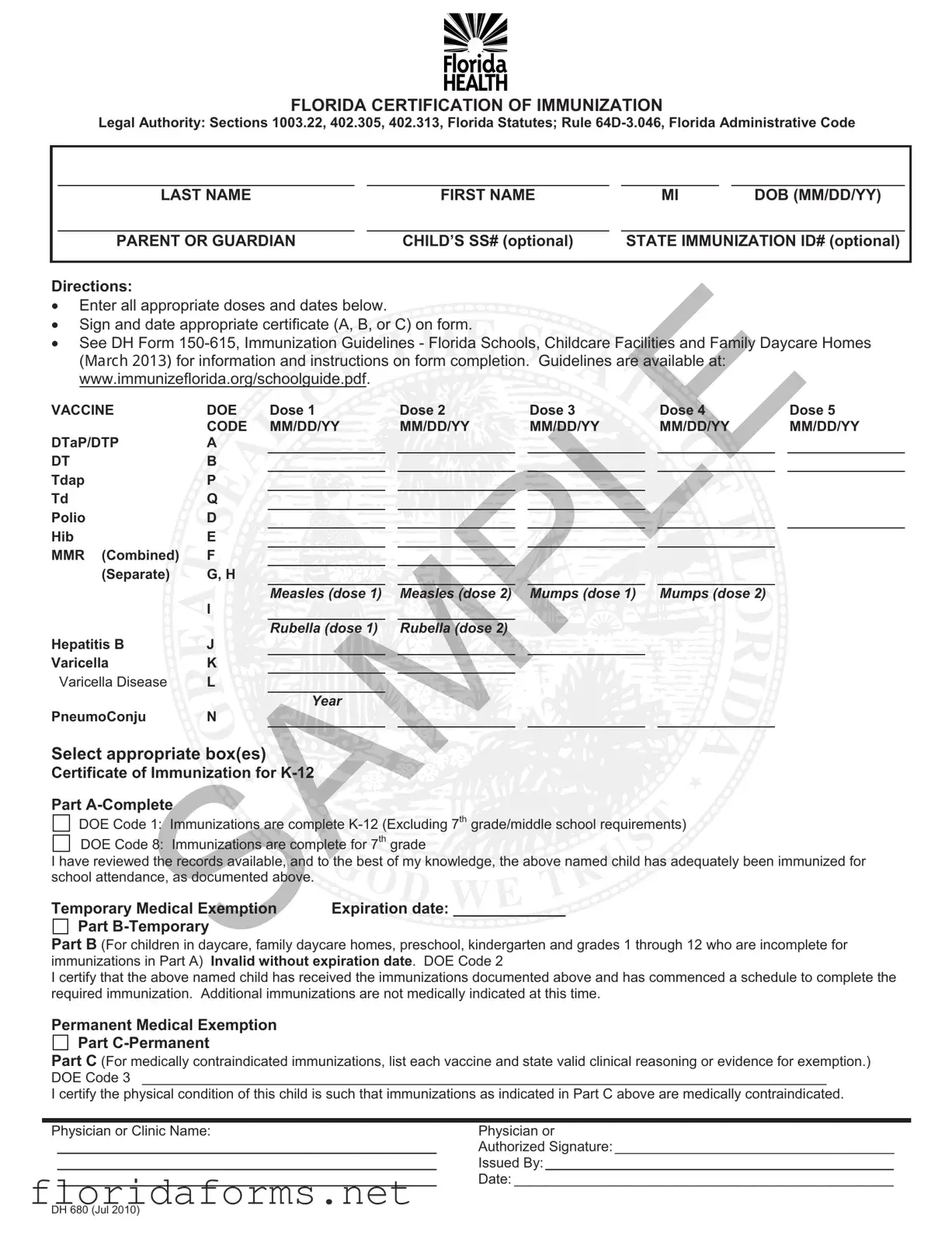 Official Florida Medical Exemption Vaccine Template