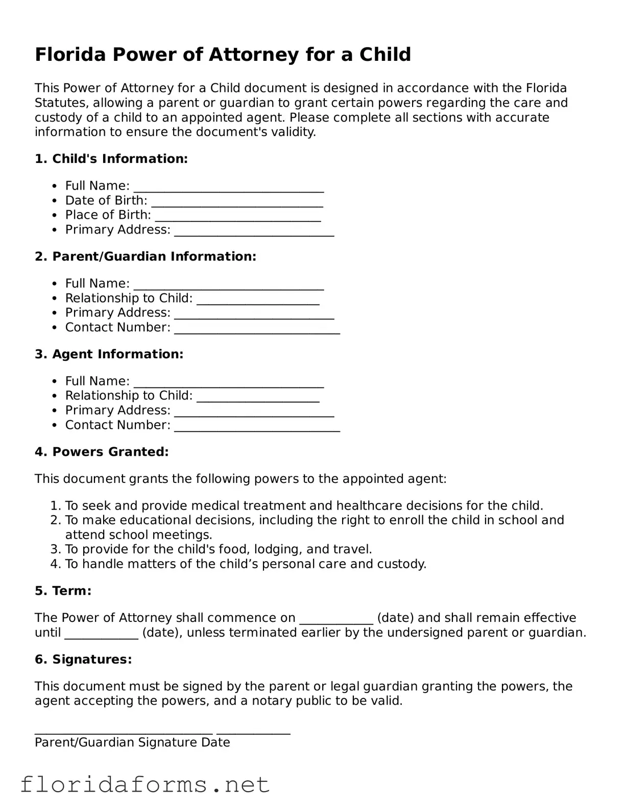 Attorney-Approved Power of Attorney for a Child Template for Florida State