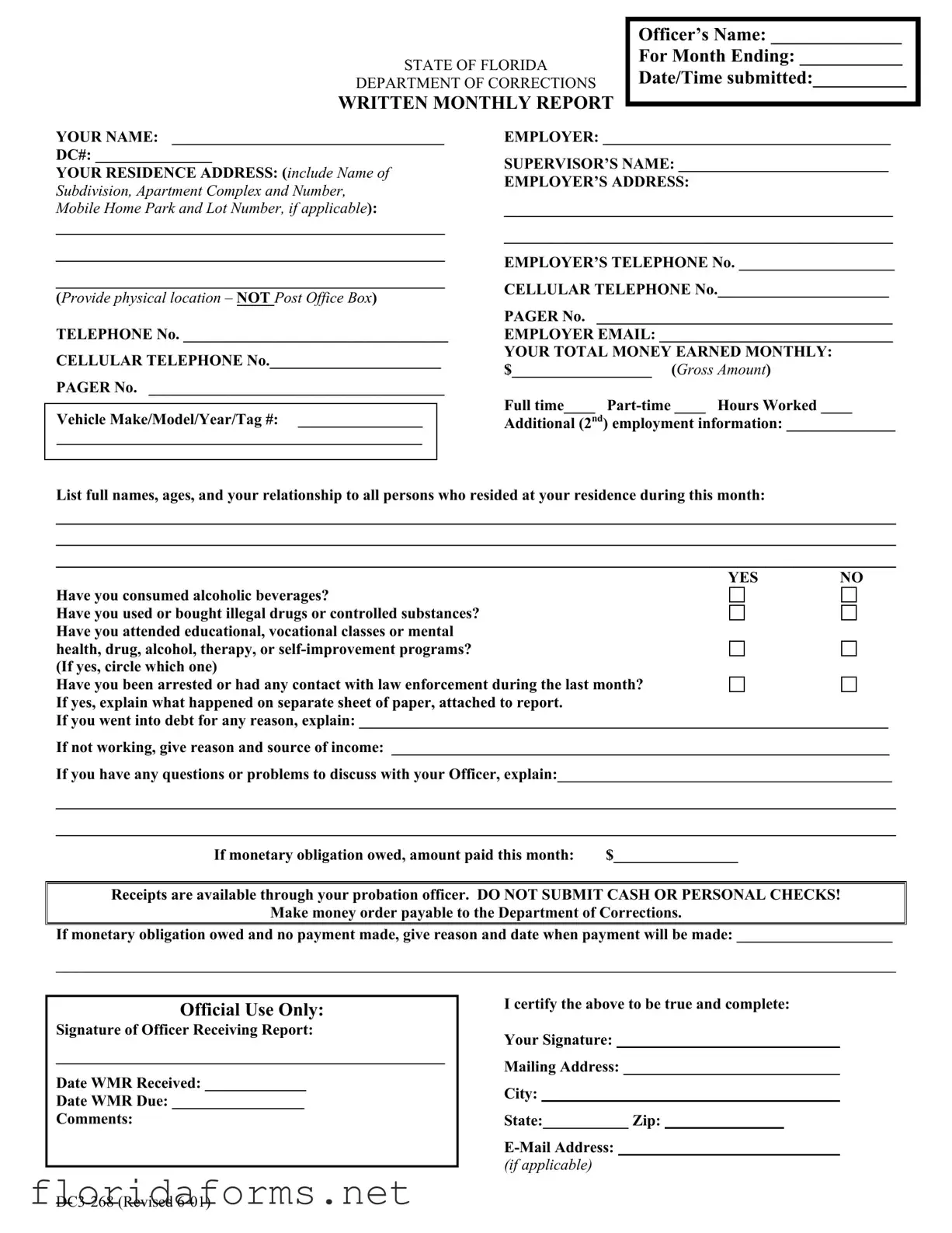 Official Florida Monthly Report Template