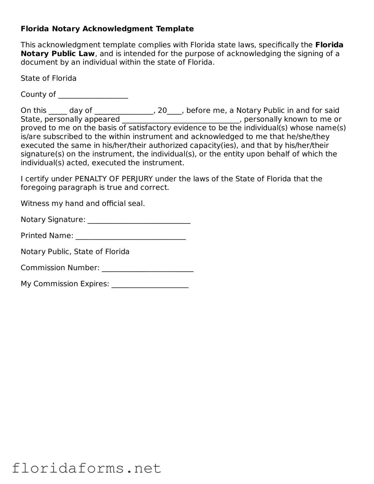Attorney-Approved Notary Acknowledgement Template for Florida State