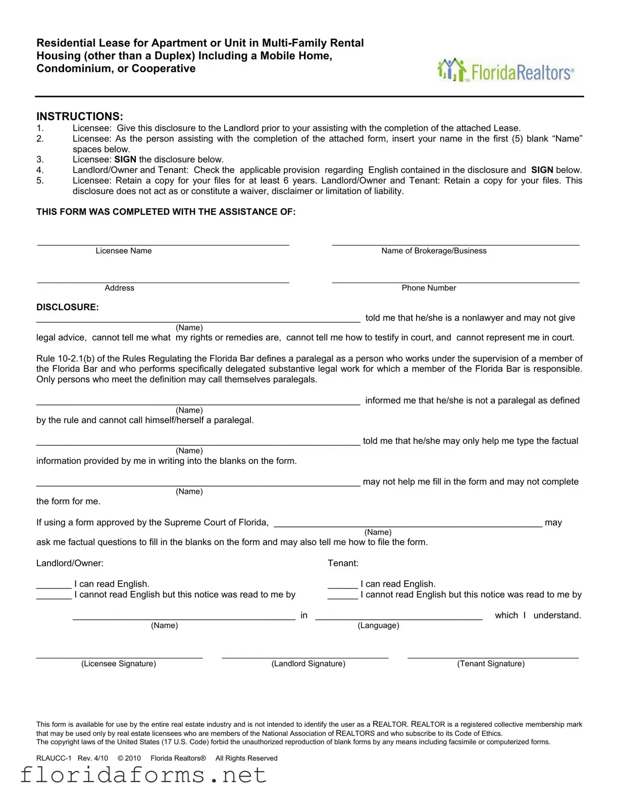 Official Florida Realtors Residential Lease Template