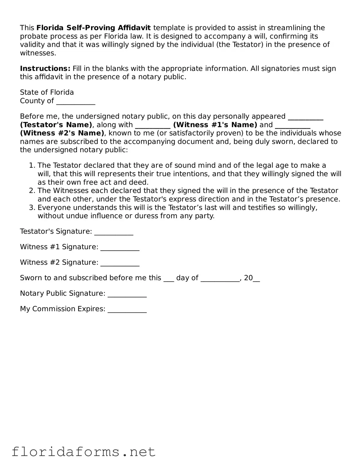 Attorney-Approved Self-Proving Affidavit Template for Florida State