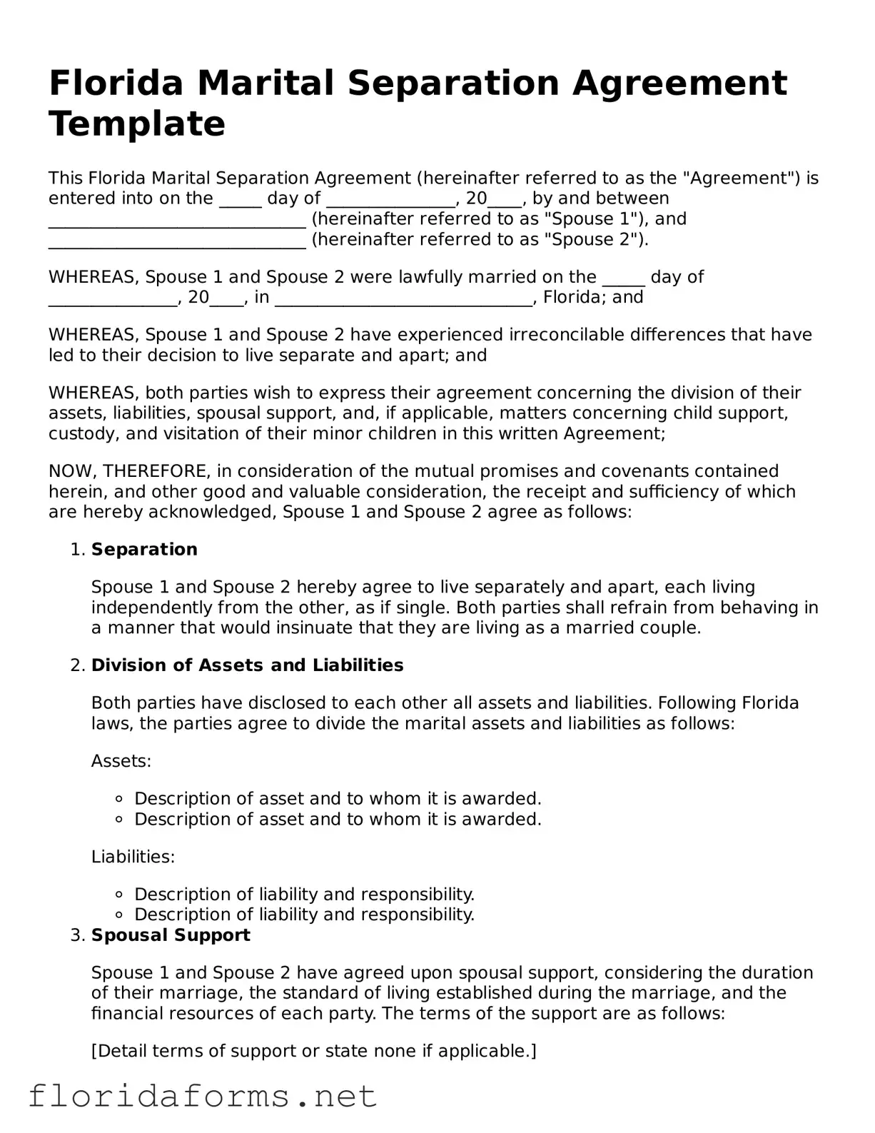 Attorney-Approved Marital Separation Agreement Template for Florida State