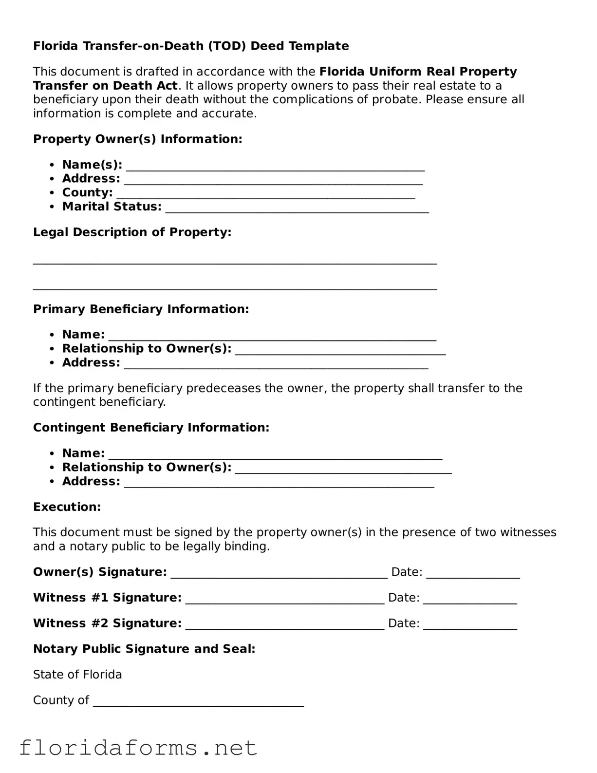 Attorney-Approved Transfer-on-Death Deed Template for Florida State