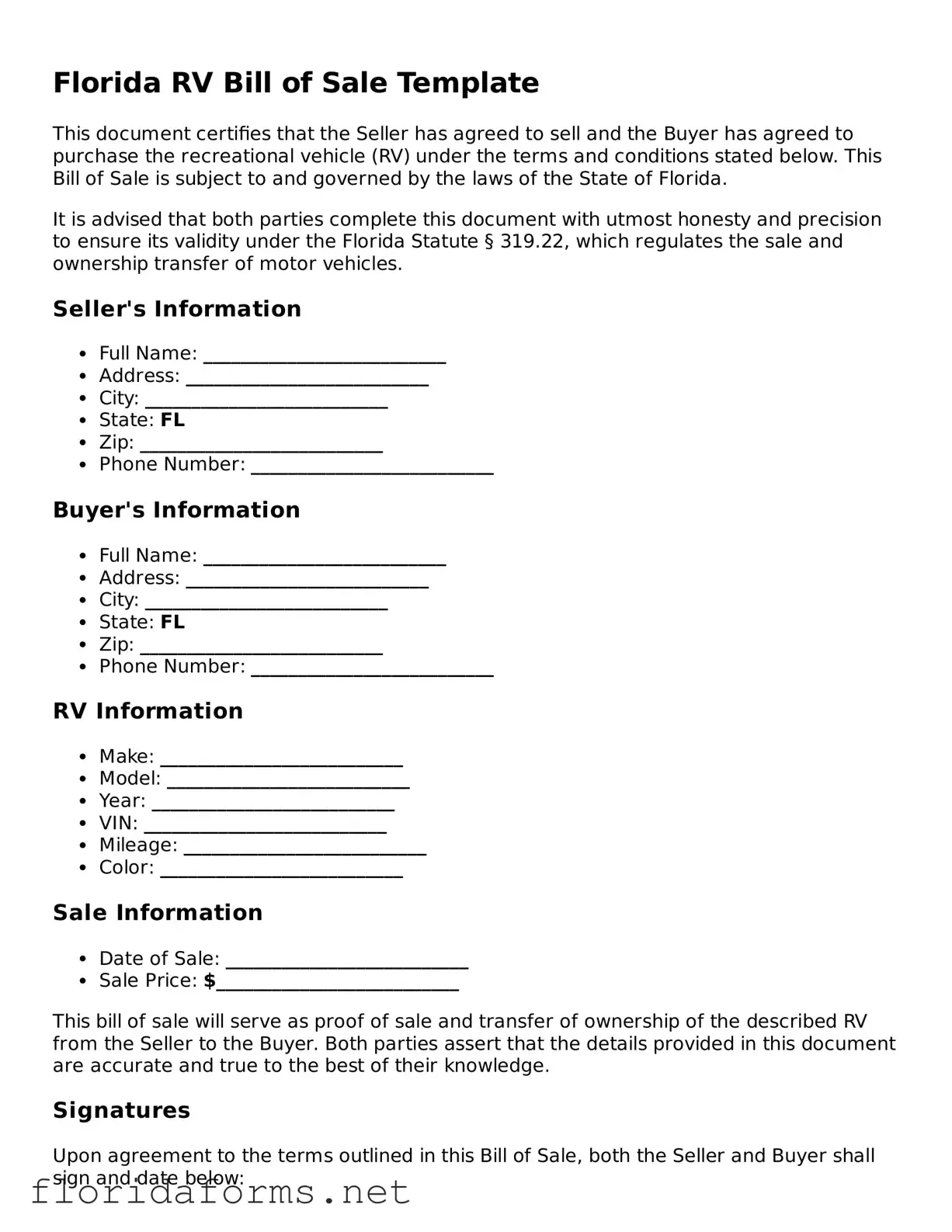 Attorney-Approved RV Bill of Sale Template for Florida State