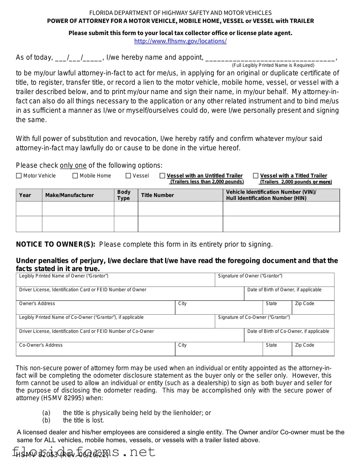 Official Florida Vehicle POA form 82053 Template