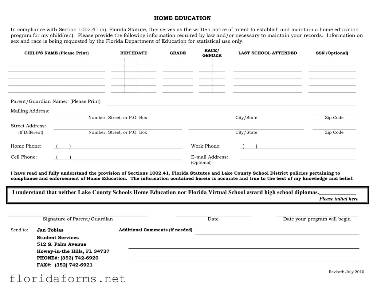 Official Intent To Homeschool Florida Template