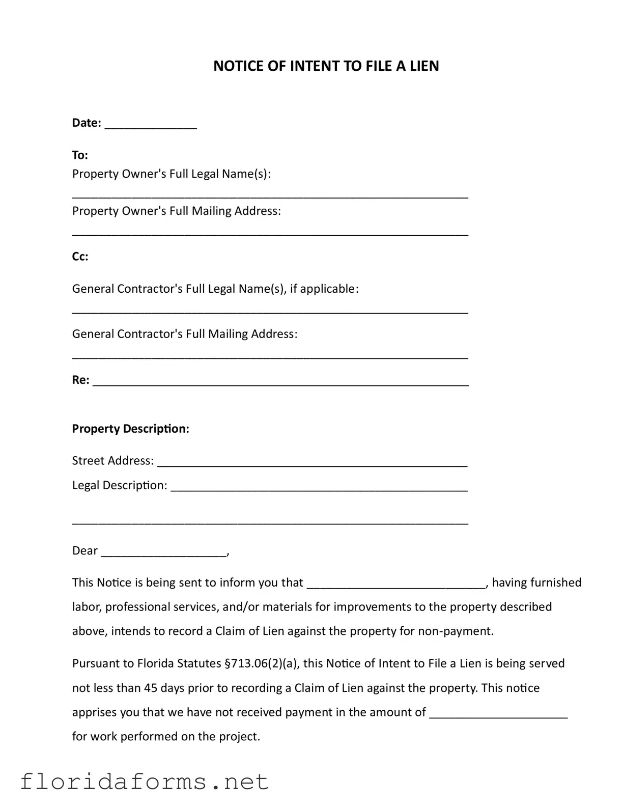 Official Intent To Lien Florida Template